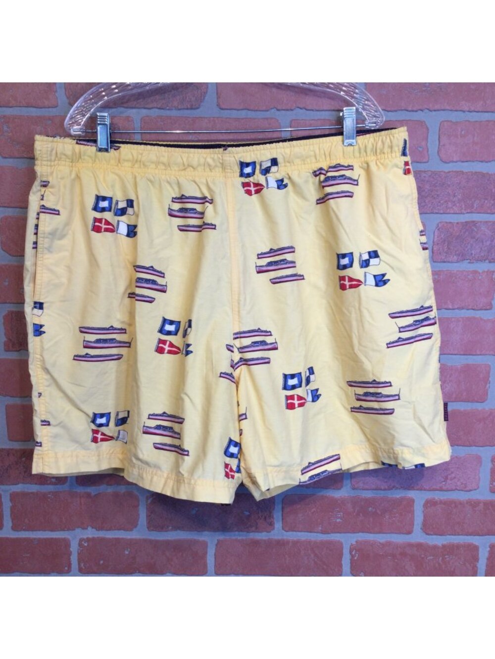 Vintage 90s Jantzen Mens Yellow Nautical Flag Swim Trunks XXL Mesh Lining Shorts
